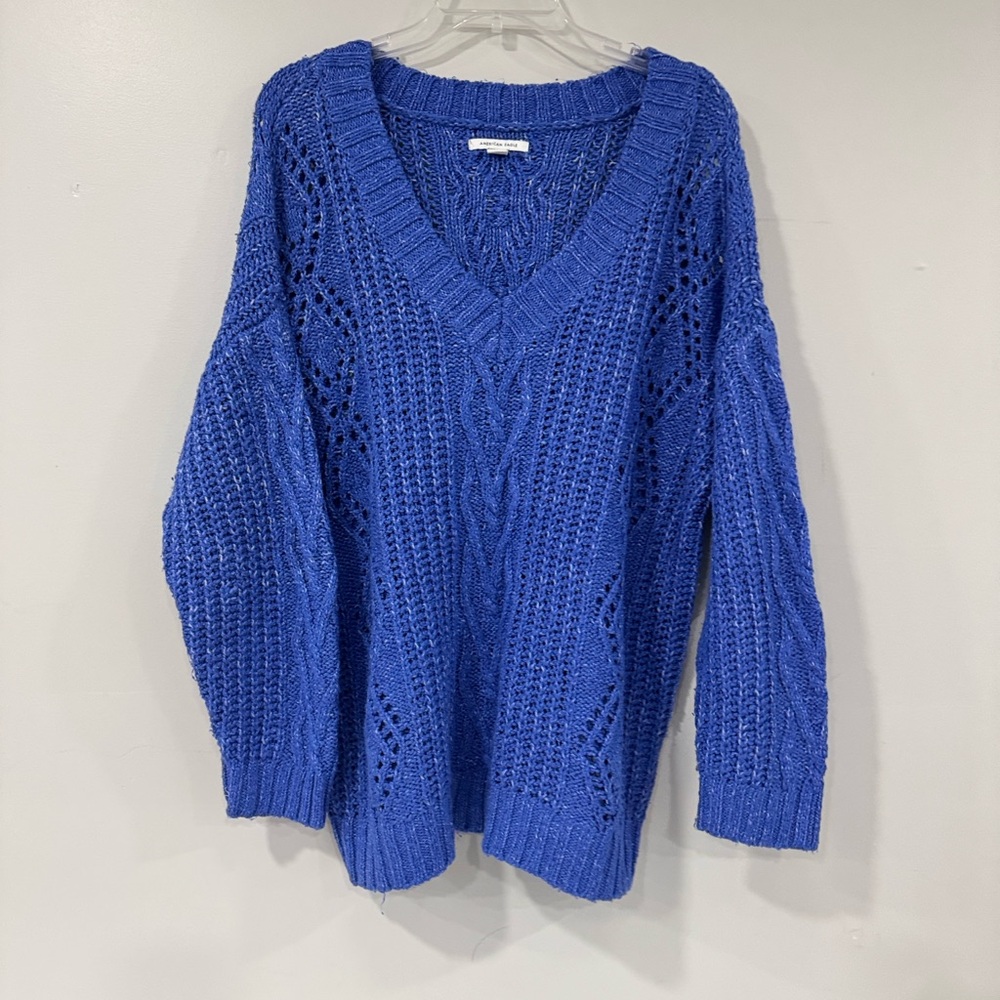 Blue V-Neck Cable Knit Sweater American Eagle Size Medium
